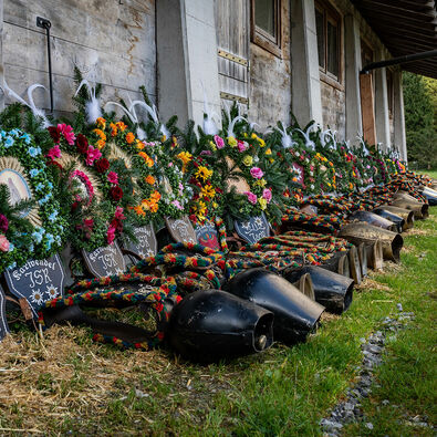 Headdresses for the cattle drive of the Graimai Alm  Over several days, farmers and herders make elaborate headdresses using flowers, ribbons, banners, and pictures of saints.