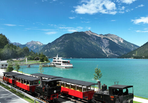Train and ship at Lake Achensee The aerial view shows an Achensee boat and the Achensee railway at the Seespitz landing stage in summer.