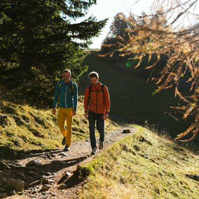 Autumn time in the Rofan Mountains. Two mountaineers are exploring the Rofan Mountains during the autumn season.