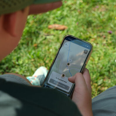 Achensee Natur Erlebnispfad Eine Familie erkundet spielerisch mit dem Handy die wundersame Welt der Fauna und Flora des Naturparks Karwendel auf dem „Achensee Natur Erlebnispfad“.