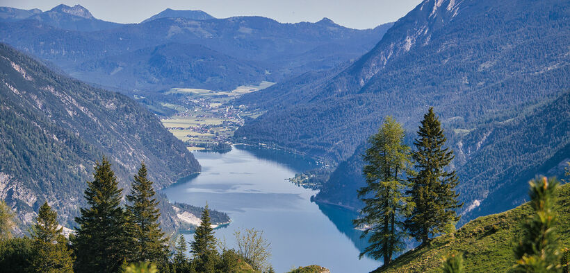 View of Lake Achensee The Bärenkopf in the Nature Park Karwendel affords spectacular views of Lake Achensee and its surrounding villages.