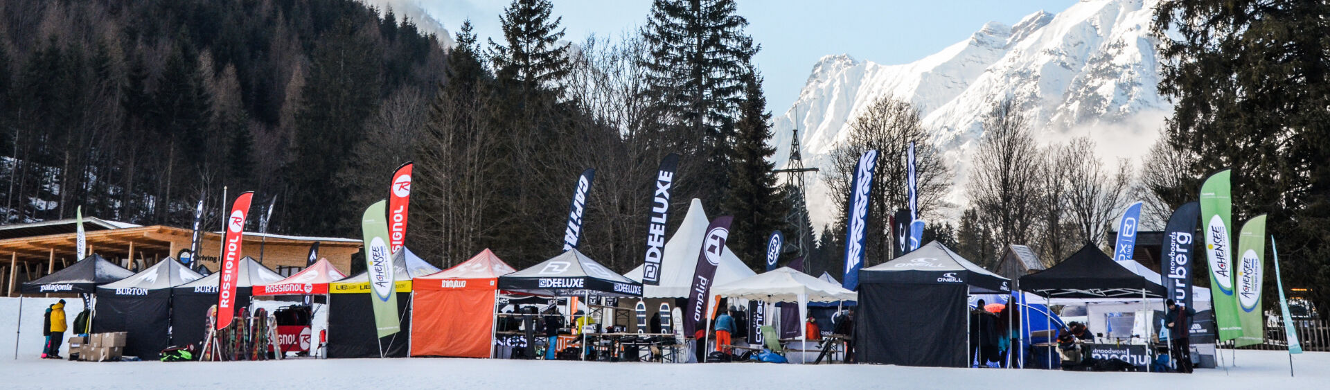 Splitboard Festival Information booth at the Splitboard Festival at Lake Achensee.