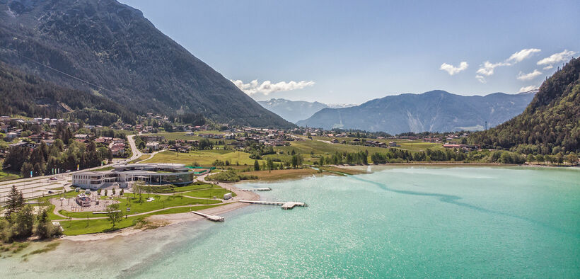 The Atoll in Maurach am Achensee Aerial view of the Atoll Achensee in brilliant sunshine.
