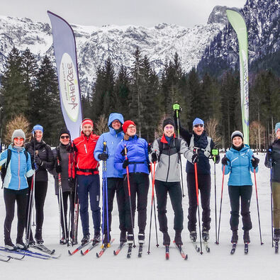 Cross country skiing at lake Achensee Photo of a cross-country skiing group in Pertisau at Achensee.