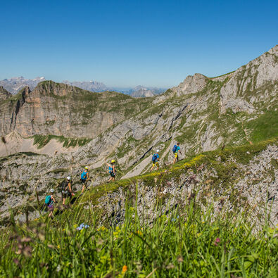 Via ferrata in the Rofan mountains at lake Achensee Via ferrata enthusiasts will find numerous routes in the Rofan mountains. A group is just on the way towards the Hochiss mountain.
